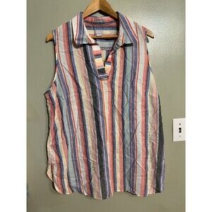 Chicos Womens 100% Linen No Iron Sleeveless Button Up Shirt Striped 3/16